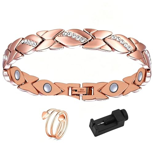 FARYODI koppararmband för damer med magneter, Justerbart magnetarmband för damer och magnetringar, Komplettset i presentlåda med storleksjustering, roséguld, Perfekt för mors dag, födelsedag, jul