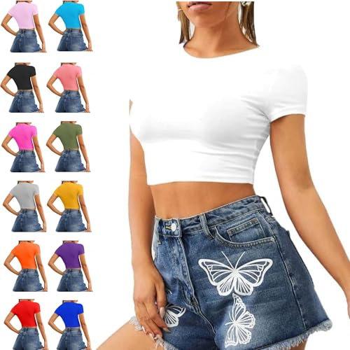 Re Tech UK - Women's Basic Ladies Short Sleeve Stretchy Crop Tops for Women, Slim Fit Crew Neck, Cropped T Shirt, Summer, Cute, Tshirt, Sizes 8-14 (M/L 12-14, White)