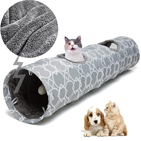 LUCKITTY Geometric Straight Cat Tunnel with Plush Inside,Cats Toys Collapsible Tunnel Tube with Balls, for Rabbits, Kittens, Ferrets,Puppy, Diameter 9.8 Inch