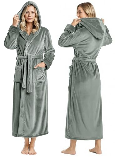 NY Threads Premium Womens Robe with Hood, Plush Fleece Long Bath Robe for Women, Fluffy Soft Women's Bathrobe, Large, Steel Grey