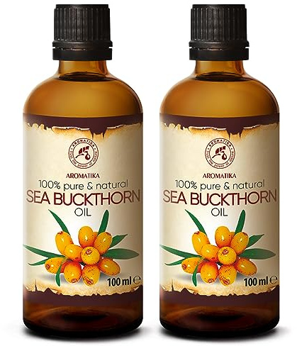 AROMATIKA Sea Buckthorn Fruit Carrier Oil Set 2x100ml - 100% Pure & Natural Cold Pressed Unrefined Hippophae Rhamnoides Oil for Hair, Face & Body - Massage, Aromatherapy, Relaxation & Spa