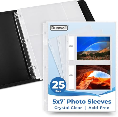 Dunwell 5x7 Photo Sleeves for 3-Ring Binder, (25 Pack) for 100 Pictures, Each Sheet Holds Four 5 x 7 Pictures or Postcards, Acid-Free Poly Plastic Photo Album Refill Pages