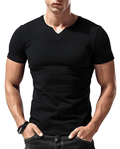 Hommes Coupe Slim Manche Short Henley T-Shirt Décontractée Col en V Maillots de Corps Coton T2307 Noir Large