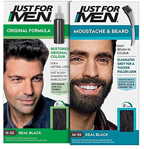 Just for Men Original Formula Real Black Hair Dye, Natural Look – H55 & Just for Men Moustache & Beard Real Black Dye, Eliminates Grey – M55