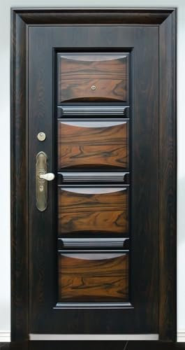 Porta Blindata Marrone Effetto Legno Con Apertura Sia A Destra Che A Sinistra Portoncino Blindato In Metallo Rivestito In Pvc Maniglie Acciaio Inox E Spioncino P2 (Apertura esterna destra)