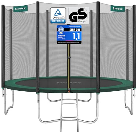 SONGMICS Cama Elástica, 366 cm, Trampolín para Niños con Red, Cojín de Seguridad, Escalera, Mástil Recto de 180 cm de Altura, Marco de Acero, Verde Oscuro STR12GNV1