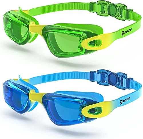 RIOROO Kinder Schwimmbrille, 2 Stücke Schwimmbrille für Kinder 6-14 Jahre Junior Jungen Mädchen Kein Auslaufen Antibeschlag 100% UV-Schutz, Blendfreie Schwimmbrille mit Gratis Schutz Fall