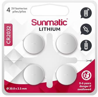 CR2032 - Set da 4 | Sunmatic | Batterie al Litio a Bottone CR 2032 da 3V - Lunga Durata