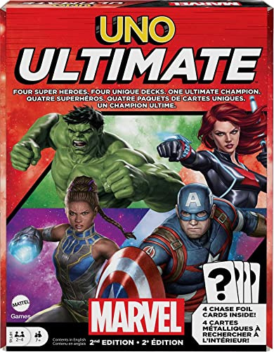 Mattel Games UNO Ultimate Marvel kortspel med 4 karaktärsdäck, 4 samlarobjekt foliekort och specialregler, 2–4 spelare, 2:a upplagan