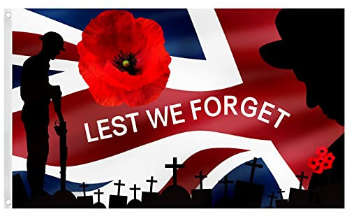 Lest We Forget Flag, Poppy Remembrance Day Flag 5ft x 3ft with Eyelets, UV Fade Resistant