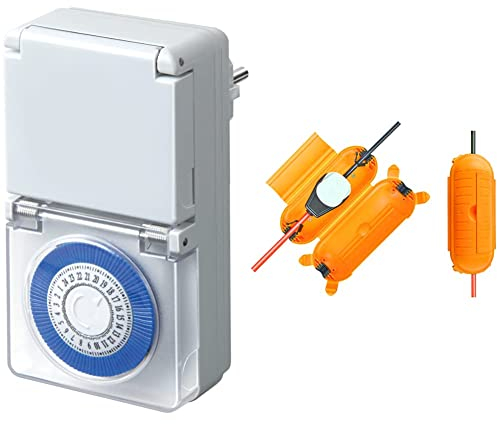 Brennenstuhl Zeitschaltuhr MMZ 44, mechanische Timer-Steckdose, weiß & Safe-Box Big IP44 / Schutzbox für Verlängerungskabel (Schutzkapsel für Kabel im Außenbereich) gelb
