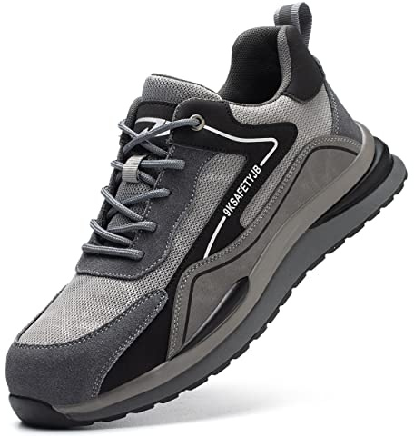 Dajingkj Scarpe da lavoro da donna antinfortunistiche leggere con punta in acciaio con strisce riflettenti antiscivolo, grigio., 41 EU