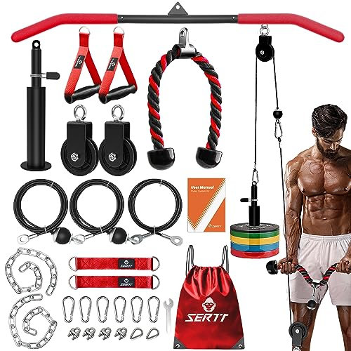 SERTT Cable Pulley System Gym, Tricep Workout Pulley System for LAT Pulldown, Biceps Curl, Triceps, Shoulders, Back, Forearm Workout, Home Gym Weight Pulley System for Squat Rack, Garage, Red