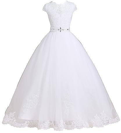 LSSAWZH First Communion Dress Flower Girl Dress Appliqus Tulle Lace Puffy Bridesmaid Pageant Ball Gown Wedding Floor Length