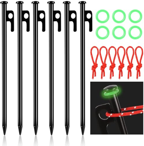 6 Stück Zeltheringe Sturmsicher, 25cm Lang Zelthaken mit Leuchtringen Reflektorseile Erdnägel Zeltnagel im Freien für Camping Outdoor Wandern