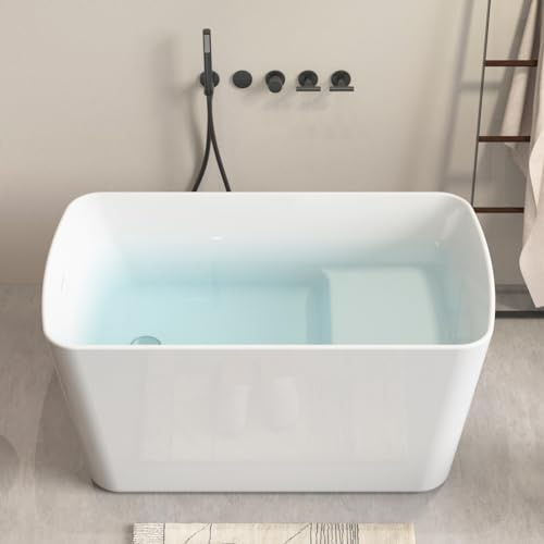 EZONTEQ 49 Acrylic Freestanding Bathtub, Square Shaped Japanese Soaking Tub with Seat Design, Stand Alone Tubs W/Pop-UP Chrome Drain, Slotted Overflow, cUPC Certified, Glossy White