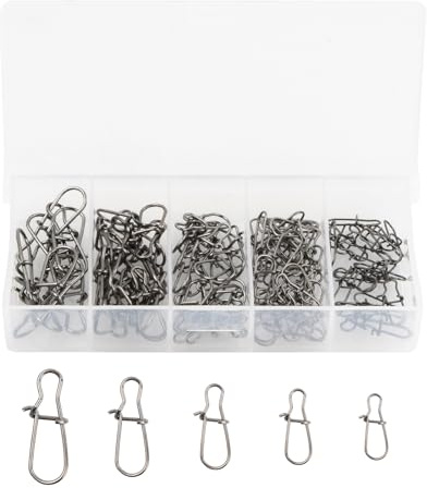 Cozlly Agrafhe Duo-Lock de Pêche, 100 Pièces Connecteurs de Pêche, en Acier Inoxydable, avec Boîte, Émerillons de Pêche, Snaps Pêche, Accessoires de Pêche (Argent, 5 Tailles)