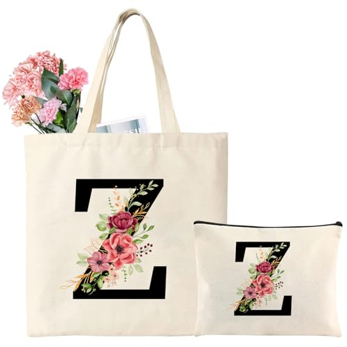 Tarklanda Baumwolltasche personalisiert mit Namen Initial Einkaufstasche mit Buchstaben Frauen Tragetasche und Kosmetiktasche Geschenk für Dame Freundin Mama zum Geburtstag, Muttertag (Z)