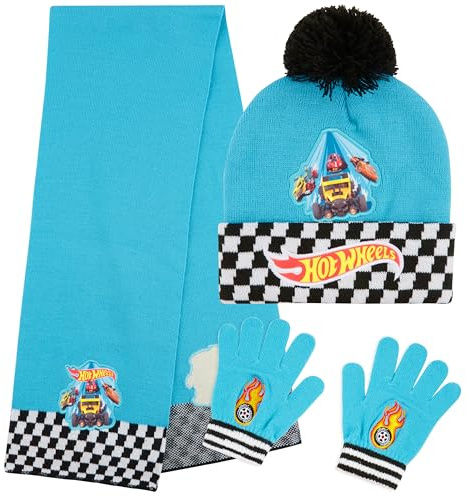 Hot Wheels Set de Invierno 3 Piezas, Gorro Pompón, Bufanda y Guantes para Niños