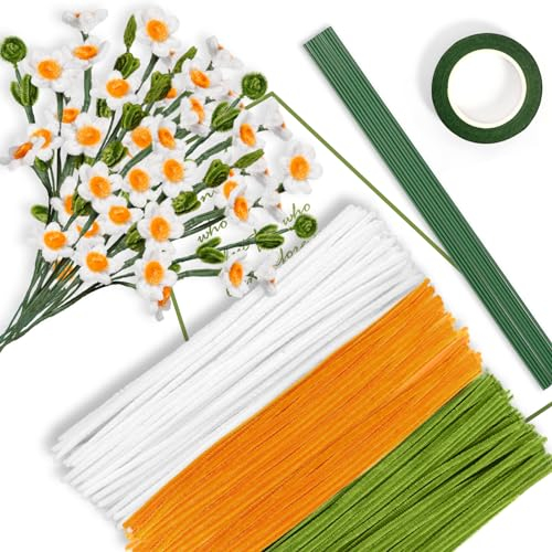 Daisy Blumenstrauß Pfeifenreiniger,300Stück Pfeifenputzer zum Basteln Chenilledrah Pfeifenreiniger Pipe Cleaner mit Band und Blumenstäbe für DIY Daisy Blumenstrauß Handwerksprojekte (Grün,Gold, Weiß)