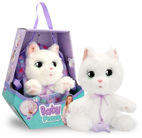 BABY PAWS Gatto, Cucciolo di Peluche Interattivo con Suoni che Apre e Chiude gli Occhi e include una Borsa-Copertina, Giocattolo Regalo per Bambini dai 3 Anni in su