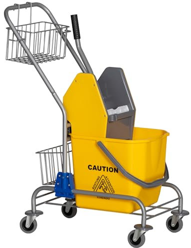 HOMCOM Carrello per pulizie Carrello per pulizie professionali Secchio a ganascia 26 L + cesto portaoggetti dim. 73L x 45L x 95H cm giallo