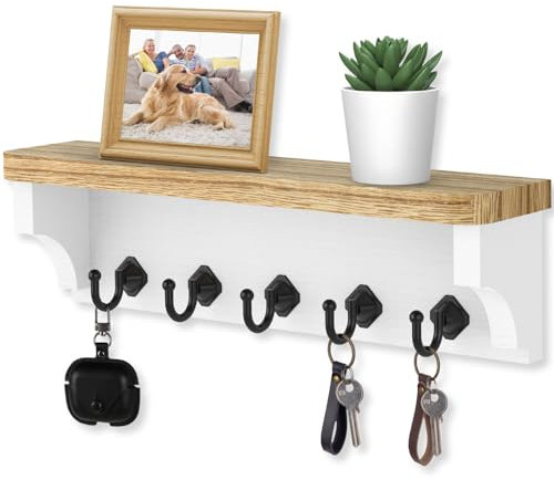 Nekon Key Holder for Wall, 11.4 x 3.5 x 2.8 Decorative Key Organizer with Floating Shelf, Wall Mount Key Rack with 5 Hooks (Brown)