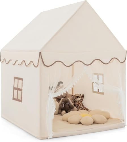 FANTASK Barntält med massiv träram och bomullsfilt, barnhus för pojkar flickor princess prinsessa, beige barntält inomhus, barn lekhus för inomhus, 120 x 105 x 140 cm