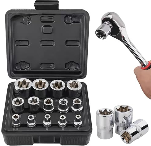 LEKEFETO Juego de 14 llaves de vaso Torx para exteriores de 1/2, 1/4, 3/8, Torx E E4-E24 de CR-V, juego de extractor de tuercas, juego de llaves de vaso en espiral
