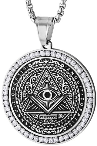COOLSTEELANDBEYOND Cirkel hängande Guds öga från inre triangel pyramid, med zirkon, herrhalsband, Rostfritt stål, Kubisk zirkonia