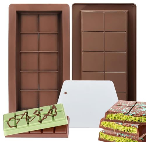 Verazquy 2 Pack Thick Silicone Chocolate Bar Molds, Deep Candy Moulds with Spatula, Non-Stick Reusable DIY Baking for Stuffed Chocolates, Candies, Praline, Wax Melts, Gifts