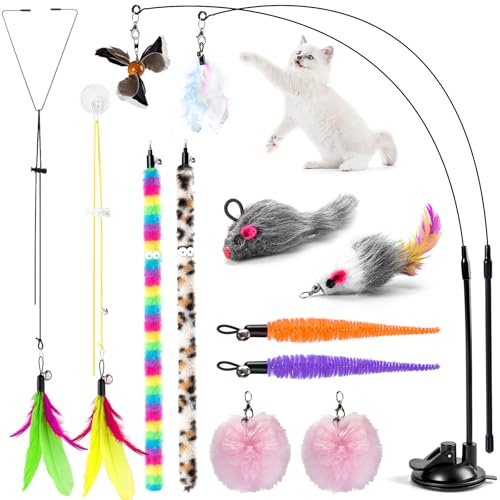 SeaMorn Interactive Indoor Cat Feather Toys,2 Durable Wands,12 Nature Feather Toys,With Sticky Super Suction Cups,2 Types Of Door Hanging Cat String For Kitten