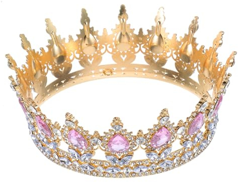 Didiseaon Couronne de princesse pour femme : couronne de princesse pour fille ronde dorée cristal diadème pour enfants avec diamant rose pour femme pour mariage, bal de fin d'année, fête