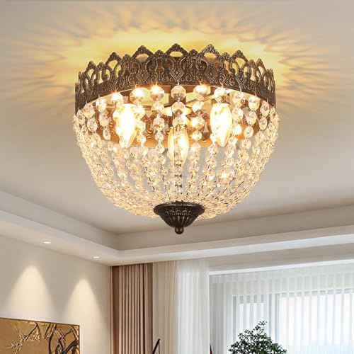 meibeileil Plafonnier Salon Vintage en Cristal Rond,Noir-Doré Chandelier E14,3Lumières,Antique Bronze Base Luminaire Plafonnier,Plafonnier Chambre pour Cuisine,Salle à Manger,Couloir,Villa,60W,Ø32cm.