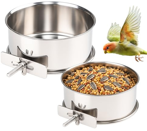 2 Pack Stainless Steel Bird Food Bowl Small Bird Feeding Dish Cups for Cage Parrot Food Bowl Cage with Clamp Holder for Parrots, Cockatiels, Small Animals (S+M)