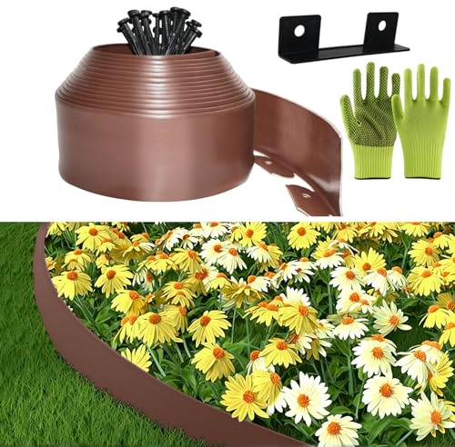 Borde de césped de plástico Flexible, Borde de césped de plástico 10cmx10m, Incluye 30 Puntos de Anclaje y 1 Conectores, con un par de Guantes, Valla Decorativa de jardín (Marrón, 10cmx10m)