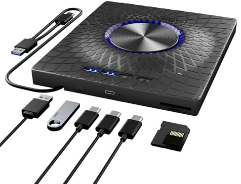 TYYWGD External Blu-ray Drive,7-in-1 Bluray/DVD/CD Burner with RGB Ambient Light,100G Disc R/W, USB 3.0/Type-C Hub for Windows/Mac/Linux