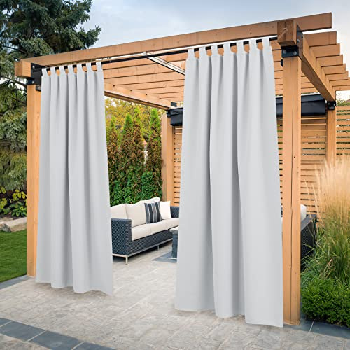 PONY DANCE Cortinas Opacas Termicas Aislantes Luz 2 Piezas de Patio, Cortinas Impermeable para Porche Jardin Patio con Trabillas Adhesivo,132x274cm,Blanco Gris