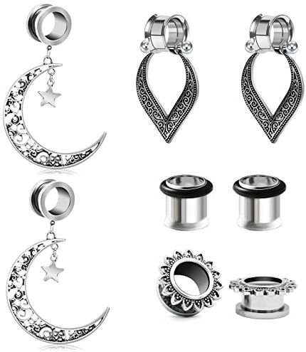 VF VFUN 4 Pairs Dangle Ear Plugs Tunnels Stainless Steel Pendant Ear Gauges Expander Stretcher Ear Piercing Jewelry-10MM