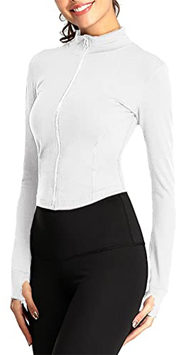 Abtel Chaqueta deportiva para mujer, para yoga, manga larga, con cremallera completa, secado rápido, blanco, M
