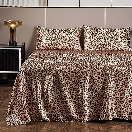 AiMay 4 Piece Queen Size Satin Bed Sheet Set Deep Pocket Golden Leopard Pattern Luxury Silky Super Soft 1 Flat Sheet 1 Fitted Sheet 2 Envelope Pillowcases Wrinkle Free (Golden Leopard, Queen)