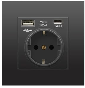 Enchufe de Pared 250V 16A. Toma de Corriente Empotrada. Enchufe Múltiple de una toma, USB-A, USB-C 5V 2100mA de Carga Rápida. Enchufe Europeo Interior.