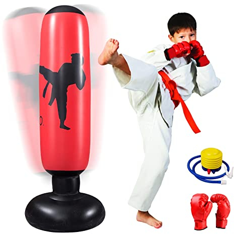 Meydll Boxningssäck, barn, uppblåsbar boxningssäck, 160 cm stående boxningssäck med luftpump och boxhandskar för Karate kickboxning, träningsutrustning, gåva för pojkar flickor