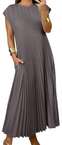 Onsoyours Damen Elegant Ärmellos Rundhals Plisseekleid Festlich Hochzeit Lang Abendkleid A-Linie Freizeitkleid Maxi Kleid Herbst Winter Kleid mit Taschen A Grau L