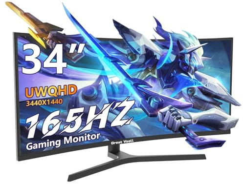 Great Voell 34 Zoll Gaming Monitor Curved, 165Hz, UWQHD 3440x1440, Ultrawide Monitor, 1500R, 1Ms, 99%sRGB, HDMI 2.0, DP 1.4, FreeSync, HDR, Anti-Blaulicht Augenschutz, VESA, Multifunktionaler Standfuß