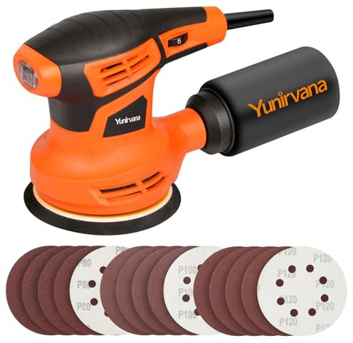 Yunirvana Orbital Sander, 280W Power, 13000 OPM, 6-Speed Random Orbit Sander with 15 Sanding Discs (125mm), Electric Sander with Dust Collection System for Sanding and Polishing
