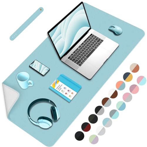 BLESWIN Schreibtischmatte, PU Leder Schreibtischunterlage, Leicht zu reinigende Laptop Matte für den Schreibtisch, Schreibtisch Tischschutzmatte-Blau+Lackierung, 80cmx 40cm