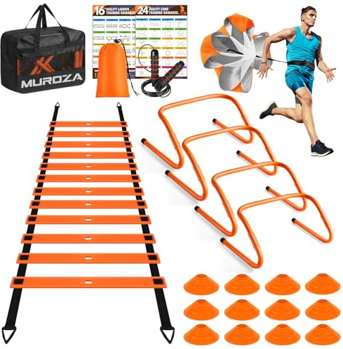 MUROZA Agility Ladder, Agility Speed Training Equipment Set, 20ft Speed Ladder, 12 Soccer Cones, 4 Hurdles, Jump Rope, Running Parachute, Soccer Football Basketball Training Equipment Accessories
