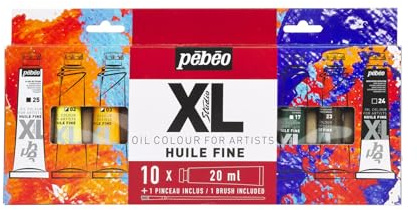 Pébéo Fine XL Oil - Estuche de Pintura al Óleo - 10 Tubos de 20 ml + Pincel - Colores Surtidos - Calidad de Bellas Artes