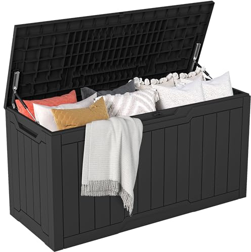 DWVO Outdoor Garden Storage Box|300L 115x46.8x58cm|Waterproof||Securely Lockable|Side Carry Handles|All Weather Resistant|Patio Resin Deck Box for Pillows, Equipment,Shoe(Black)